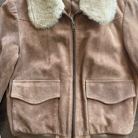 French Connection  Zip-Up Contrast-Collar Bomber Suede Jacket Sz 6 - Picture 3 of 3